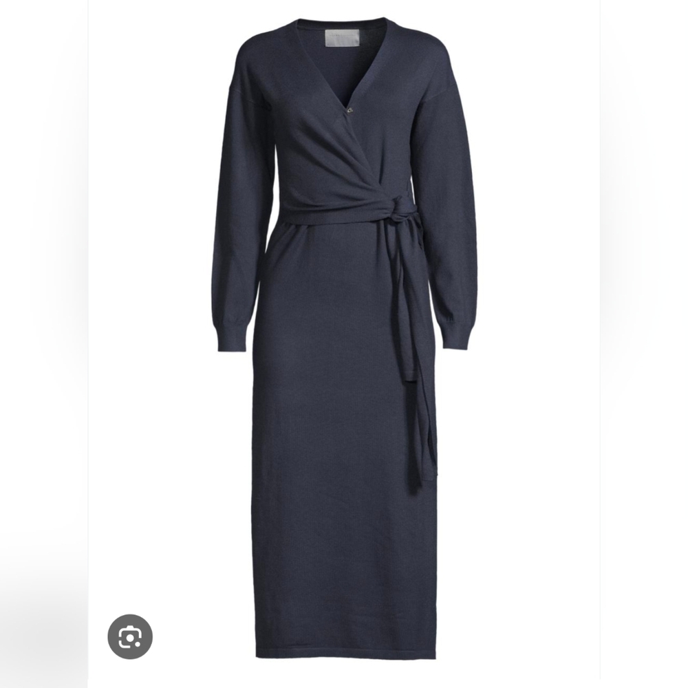 Modern Citizen Lenese Front Wrap Dress Midi Long Sleeve Navy Blue